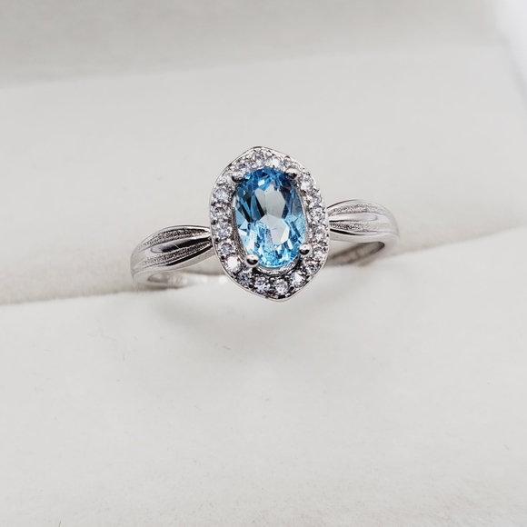 Natural Swiss Blue Topaz Sterling Silver Diamond Halo Ring - Picture 5 of 5